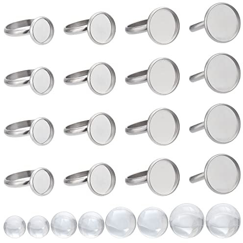 SUNNYCLUE 40 Sets 80 Stück Cabochon Ringrohlinge Glas Cabochons Ringbasis Edelstahlringe Lünette Flaches Rundes Tablett Verstellbare Fingerringe Zubehör Für Frauen DIY Sets Zur Herstellung von Ringen