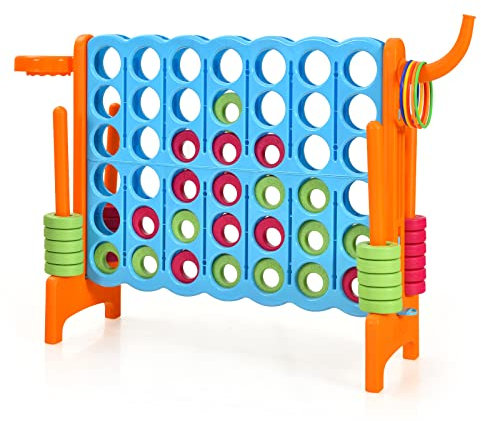 COSTWAY Giant Connect 4, 3-in-1 Indoor Outdoor Family Game with Basketball Hoop, Ring Toss, 42 Jumbo Rings, Quick-Release Slider, Four in A Row Game Set for Kids Adult (Orange)