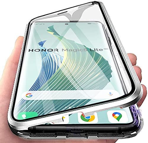 Orgsty Coque pour Honor Magic 5 Lite / X9a, Coque d'adsorption magnétique Ultra Mince à 360° Housse de Protection en Avant et Arrière Verre Trempé Etui Transparent Métallique Antichoc, Argent