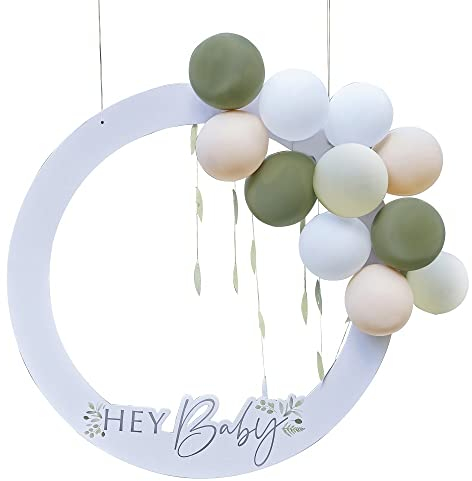 Fotobox Rahmen HEY BABY Baby-Shower-Party Botanical Eukalyptus inkl Ballons weiß grün & apricot Dekoration Accessoires Zubehör Selfie Foto-Ecke Baby-Party Gender-Reveal Schwangerschaft Geburt