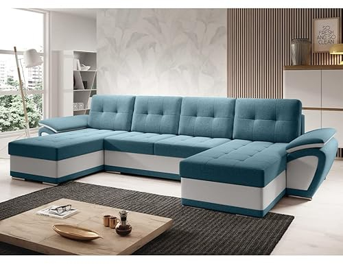 MODERNO Wohnlandschaft Sofa mit Schlaffunktion ENZO U - Sofa U-Form mit Bettkasten - Modern Ecksofa Schlafcouch - Steppsofa Zweifarbig - Türkis-Weiß