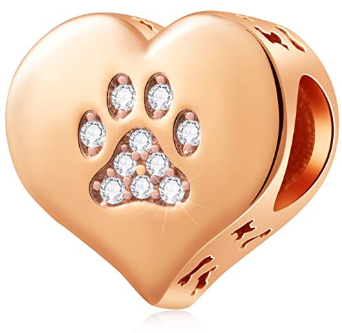 GLOWDAS Rose Gold Dog/Cat Paw Print Charms on My Heart, fit Pandora Animal Bracelet, 925 Sterling Silver Puppy Pawprint CZ Beads with Dog Bone, Gifts for Valentines Day/Niece/Baby Girl