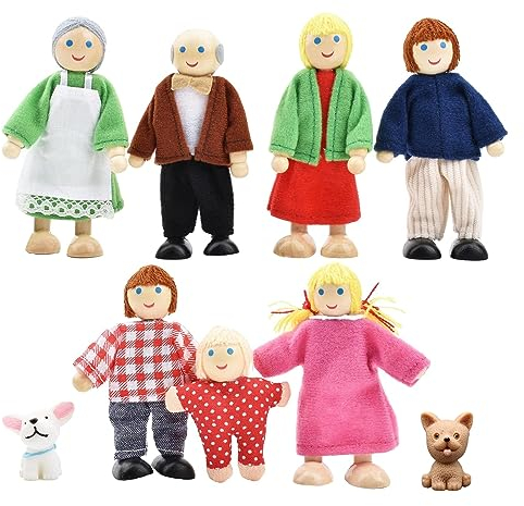 gotyou Puppenhaus Puppenfamilie Set, Puppenhaus Puppen, 7 Figuren und 2 Haustiere, Holz 9 Personen Figuren Puppen Spielset, Puppenhaus Zubehör, Biegepuppen für Puppenhaus Zubehör Geschenk