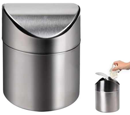 xianynow Mini Cubo de Basura para Cocina y Oficina con Tapa, Papeleras de Baño Pequeñas, Cubierta de Cubo de Basura de Mesa en Acero Inoxidable, Cubo de Basura de Mesa Compacto, 16 x 12 cm