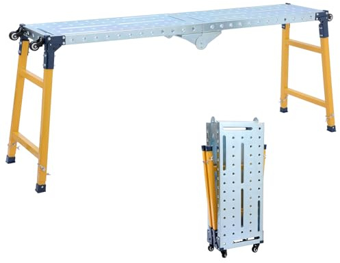 TOPWAY Plataforma de Trabajo Ajustable Plegable, Capacidad de Carga de 500 kg, con 4 Ruedas, Andamio Plegable para Banco de Trabajo para Trabajos en Interiores y Exteriores, 160 x 36 x 120,5 cm
