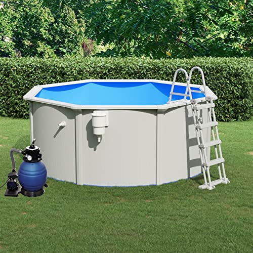 Gecheer Piscina,Fuori Terra,con Pompa Filtro a Sabbia,Scaletta,in Acciaio,Blu e Bianco,300x120 cm