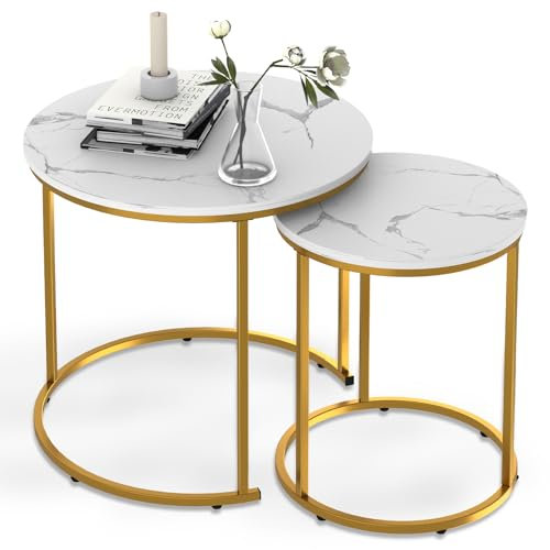 Huhote Round Coffee Tables, Set of 2 End Table, Nesting Tables, Side Table with Metal Frame for Living Room/Bedroom/Balcony/Office/Apartment, Diameter 19.6/13.7 IN (Gold Frame, White Marble Top)