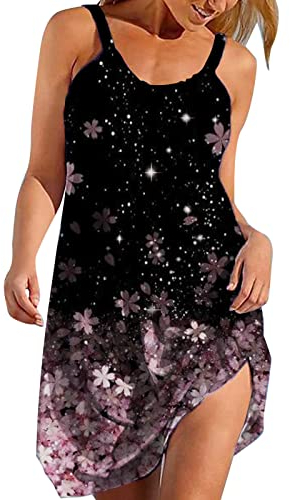 Generisch Sommerkleid Damen, Damen Knielang Ärmellos Sommer Kleider Sexy Elegant Kleid Vintage Boho Strandkleider Minikleid Teenager Mädchen Festlich Kleider Blumen Drucken Kleid Kurz Sommerkleid