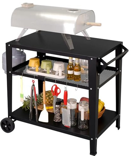 LEETOLLA Carrello per barbecue da esterno con 3 ripiani, tavolo da forno per pizza per Ooni, tavolo da preparazione per esterni in acciaio inox con ruote maniglia e ganci, tavolo multifunzionale per