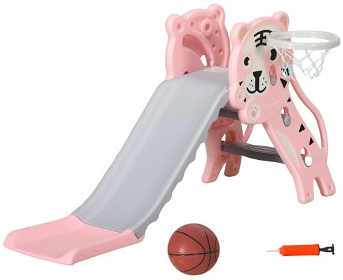 AIYAPLAY Kids Slide 3 en 1 Toboggan autoportant pour Enfant avec grimpeur, Panier de Basket, Basket, thème du Tigre pour Les 18-36 Mois - Rose