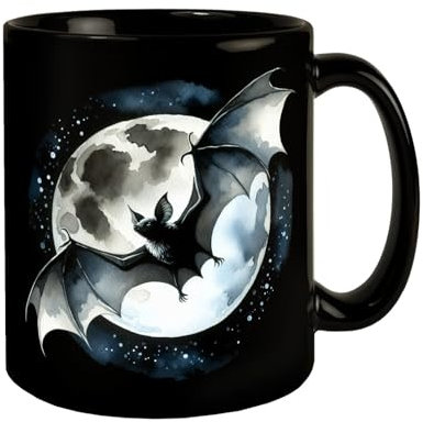 Fledermaus im Mondlicht Tasse in Schwarz Fliegende Fledermaus Silhouette im beleuchteten Nachthimmel - Perfekte Tasse für die Nachtzeit