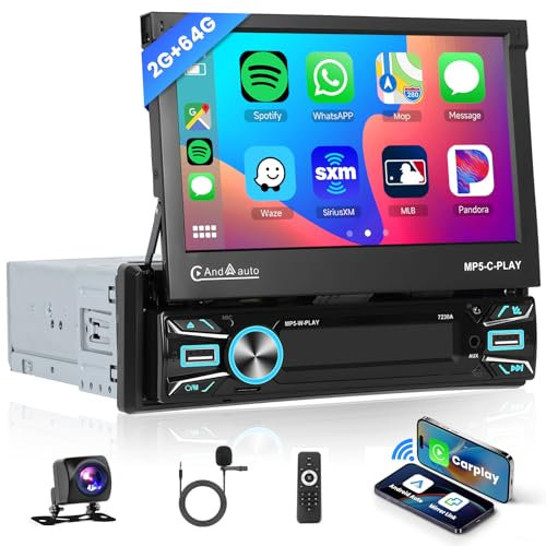 Hodozzy 2G 64G Single Din Android Car Stereo Wireless Carplay Android Auto, Single Din 7 Inch Motorise Flip Out Touch Screen Car Radio with GPS WiFi Bluetooth 1 Din FM/RDS Radio, Camera, SWC,USB