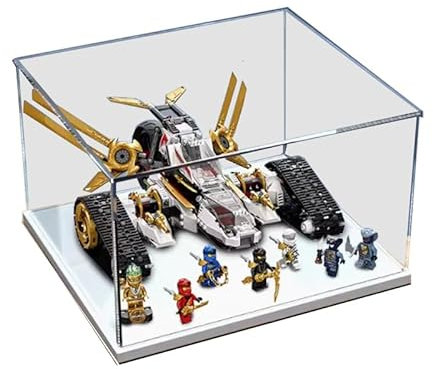 HCAEIOFJ Transparente Acryl-Vitrine für Lego Ninjago 71739, anwendbar für Legacy Ultra Sonic Raider, staubdichte Displaybox, Geschenk (nur Vitrine) (weiße Unterseite)