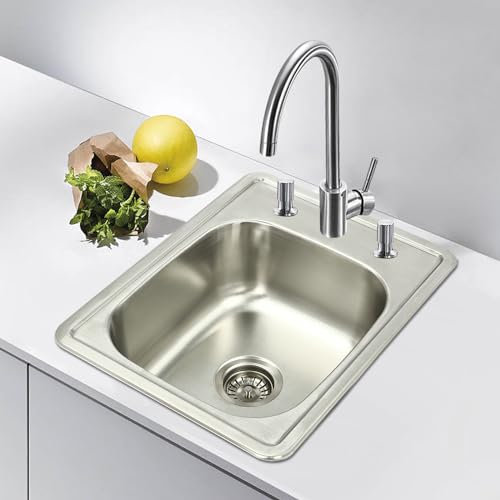 Edelstahl Einbauspüle, Küchenspüle Spülbecken Einzelbecken Waschbecken, Eckig Einbauedelstahlspüle mit Wasserhahnlöchern 56 x 43cm