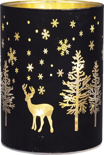 Holz Glas Design LED-Deko-Zylinder aus Kunststoff mit Wald- und Schneeflocken-Motiv - Größe: 9 x 12 cm (D x H) Festliche Weihnachtsdekoration - Zauberhafte Tischdekoration - Liebevolle Details
