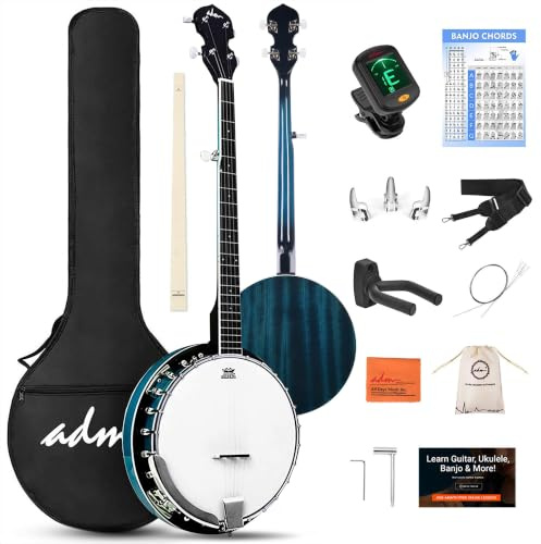 ADM Banjo-Set mit 5 Saiten, volle Größe, 96,5 cm, Remo Drum Geared 5. Stimmgerät, Anfänger-Banjo-Set mit Resonator, offen, geschlossener Rückseite, Geschenkpaket, kostenloser Unterricht,