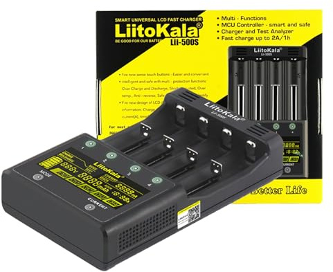 MXJFYY LiitoKala Lii-500S 18650 Chargeur de batterie rapide avec écran LCD Contrôle tactile Chargeur de batterie AA 4 emplacements avec adaptateur 12 V 3 A pour 10400 21700 Li-lion AA AAA Ni-MH Ni-CD