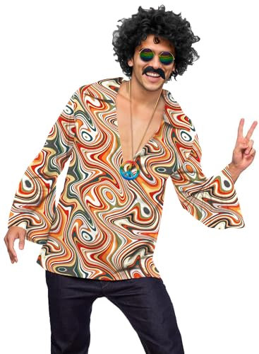 Herren Mardi Gras Kostüme 70er Paisley Tie Dye Hemd Vintage 60er Karneval Knopf Hemd Perücke Bart Brille Halskette XXL