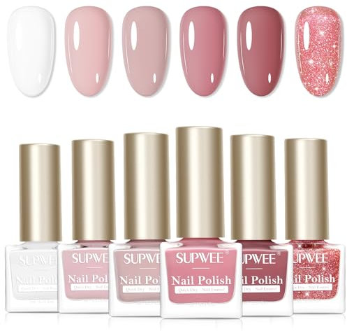 SUPWEE Nude Pink Nail Polish Set, Quick Dry Sheer Regular Nail Polish Clitter Natural Nail Varnish High Glossy Nail Lacquer DIY Home Salon Manicure for Women Girl