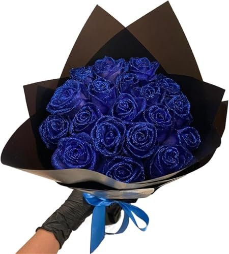 Glitter Roses Bouquet, Artificial Flowers Glitter Rose,DIY Fake Glitter Flowers Bouquet, Everlasting Shiny Artificial Rose Bouquet,DIY Glitter Roses for Valentine's Day Gift (Blue, 12 Roses)