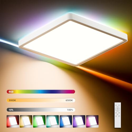 LQWELL® LED Deckenleuchte Dimmbar mit Fernbedienung, 32W 3400LM 3000-6500K RGB LED Deckenlampe, Quadrat Flache Deckenbeleuchtung IP44 für Wohnzimmer Schlafzimmer Esszimmer Balkon Korridor, 400 * 40mm