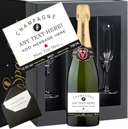 Personalised Champagne & Glasses Gift Set – Custom Text Label Brut Champagne 75cl with 2 Flutes