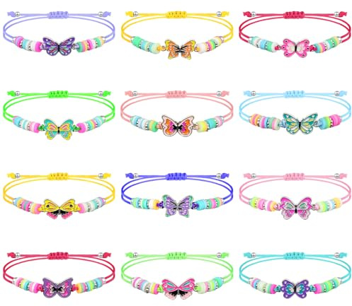 Urtioty 12Pcs Kids Friendship Bracelets Set, Adjustable Butterfly Bracelets for Girls, Best Friend Matching Bracelets with Braided Rope, Party Bag Fillers Gift for Birthdays, Christmas & Holidays