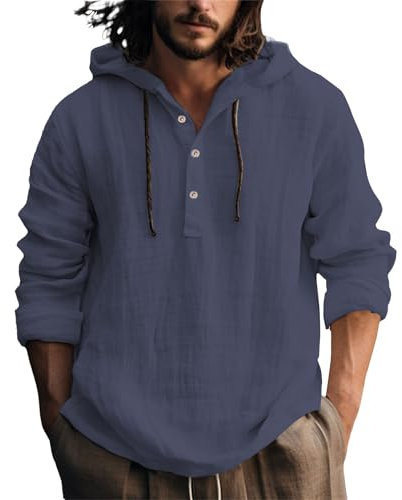 Chemise à capuche en lin pour homme – Sweat à capuche léger avec patte de boutonnage, t-shirt à manches longues, chemise de plage décontractée, coupe ample, unie, respirante, avec cordon de serrage