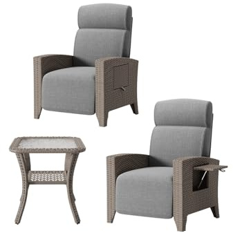 Ergonomische Relaxliege Rattansessel mit Verstellbarer Rückenlehne und dickem Kissen. Geeignet für Innenbereich, Balkon, Garten und Innenhof (Braun + Gray + Brauner Beistelltisch, 2 Packs)