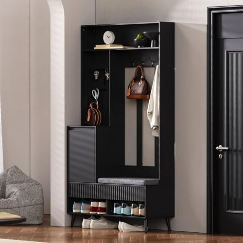 PUGSDRLY Meuble D’Entree,Porte Manteau avec Banc et Rangement Chaussure,4 Crochets,Étagère Ouverte,Armoire,2 Tiroirs,Vestiaire D'entrée pour Couloir,Chambre(E-Noir)