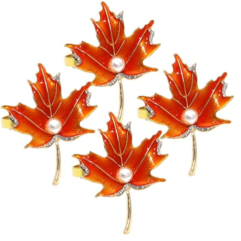 DECOMELODY 4 Stück Teiliges Serviettenringe Metall Ahornblatt Herbst Ernte Motiv Dekorative Serviettenhalter mit Strass und Perlen Robust und Leicht für Thanksgiving Familienfeiern Hochzeiten
