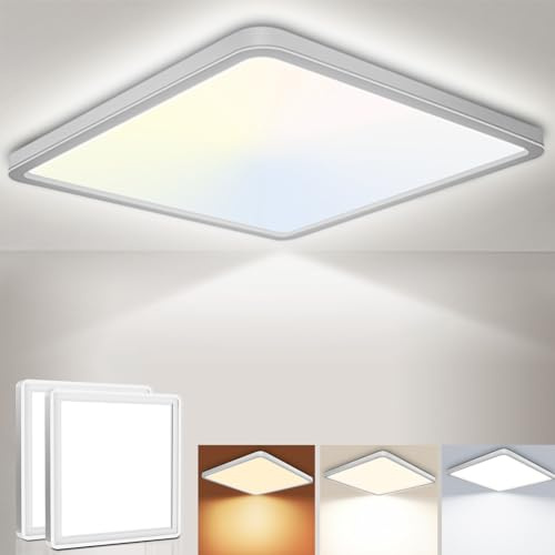 Fynokst LED Deckenleuchte 18W 6000K/4000K/3000K, 2100LM IP54 Ultra Dünn Deckenlampe, Flach Quadrat Modern Badezimmer Lampe Küchenlampe für Flur Schlafzimmer Balkon Wohnzimmer Ø23CM, Weiß 2Stücke