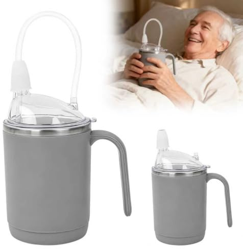 Adult Sippy Cup for Elderly, 450 ml Cup with Handle, Lid and Straw, Grey | Stainless Steel Body,Spill-Resistant Lid,Easy-Grip Handle,Long Straw,For Elderly Adults and Users with Limited Hand Control