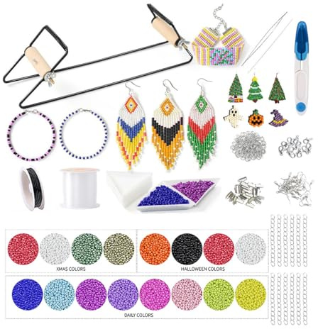 Alide Metallperlen-Webrahmen-Set, komplettes Perlen-Set mit Webrahmen-Garn, Nadeln, 15 g Glasperlen und Zubehör zur Herstellung von Armbändern, Halsketten, Gürteln