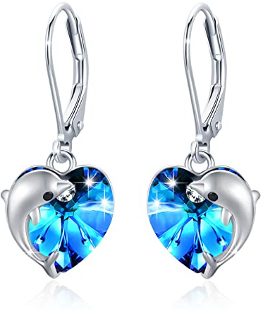 REDSUN Delfin Ohrringe S925 Sterling Silber Herz Delfin Ohrhänger Damen | Mädchen Kristall Hängend Schmuck Leverback Geschenk für Freundin Tochter Kinder Mutter Mama Geburtstagsgeschenk Weihnachten