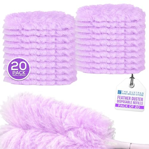 Purple Feather Duster with Microfibre Refill Heads, Reusable Handle with Hanging Eye, Feather Dusters for Cleaning Home Furniture, Window Blinds, Office Desk - 20 Pack Refills Only