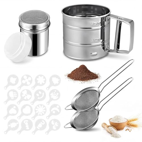 Zynaxir 5pcs Steel Flour Shaker & Sifter, Powder Dispenser | Press handle, Coffee Stencils, for sugar/cocoa/salt, baking