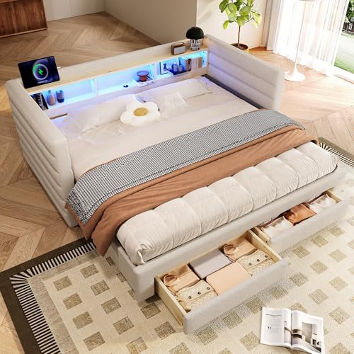 Luscriate Tagesbett 90/180x190 cm mit Ausziehbett, LED-Beleuchtung, USB & Typ-C, Samt-Schlafsofa mit Schubladen & Stauraum – Ohne Matratze (Beige, 90/180 x190cm)