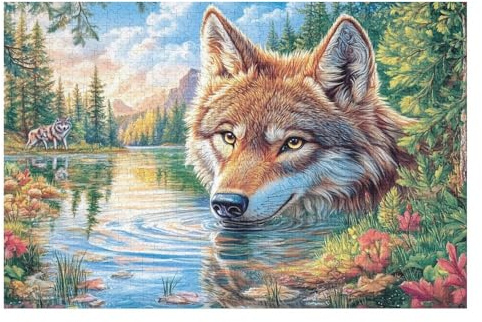 Morgendlicher Wolf am Seeufer Puzzle Mit 1000 Teilen Für Erwachsene Hochwertige Farben Zur Mentalen Entspannung Zu Hause Fördert Geduld Und Koordination Aus Karton 1000 PCS