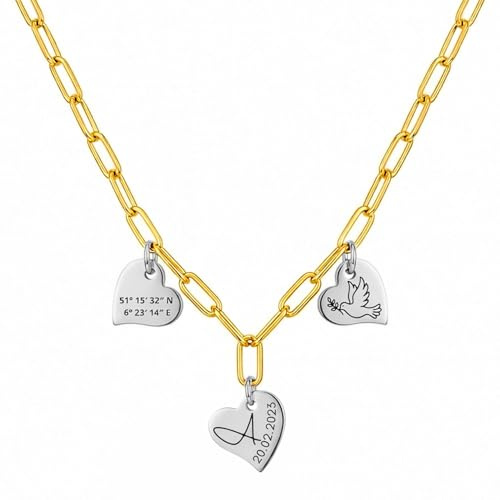 BS Schmuckdesign Personalisierte Kette Damen mit Gravur – Paperclip Halskette mit 3 Herz Anhängern, individuell mit Datum, Buchstabe, Symbol oder Koordinaten, persönliches Geschenk