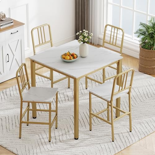 COSTWAY Conjunto de Mesa de Comedor para 4 Personas, Juego de Muebles de Cocina con Mesa Cuadrada y 4 Sillas, Estructura Metálica, Muebles Auxiliares para Hogar, Restaurante (Blanco)