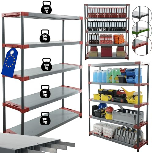 MODO24 Verstärktes Kunststoffregal Tytan 180x140x46 cm, 5 Ablagen à 100 kg | Schwerlastregal mit Metallverstärkung, für Keller, Garage, Werkstatt, Vorratsraum, modular erweiterbar, Farbe: Rot