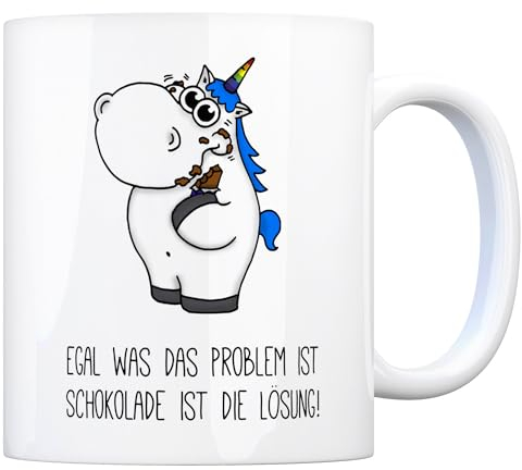 Honeycorns Kaffeebecher mit Einhorn Motiv und Spruch: Egal was das Problem ist Schokolade ist die Lösung! Tasse Kaffeetasse Becher mug Teetasse Büro Schokolade Schoki Naschkatze Süßigkeit naschen