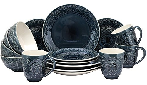Elama Vajilla redonda decorada en relieve profundo de cerámica, 16 piezas, azul marino oscuro