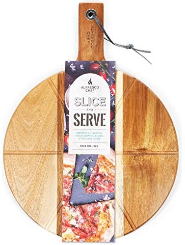 Alfresco Chef 14” Large Acacia Wood Serving Board/Serving Tray/Wooden Pizza Paddle Chopping Board with Handle & Slice Guide/Baking Shovel Cake Lifter/Cheese Platter