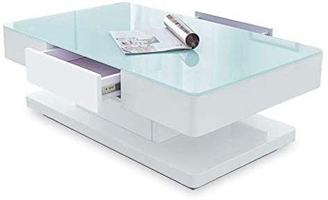 CLIPOP Couchtisch Weiß Hochglanz mit 2 Schubladen,Rechteckiger Wohnzimmertisch mit Stauraum,Tischplatte aus Gehärtetes Glas,Beistelltisch Wohnzimmer Sofatisch,100 x 60 x 35 cm