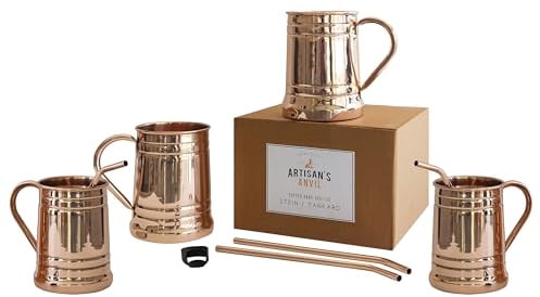 Moscow Mule Mugs Beer Stein Set of 4 + Copper Straws + Bottle Opener by Artisan's Anvil – Four Solid 18 oz Copper Mugs Gift Set – 100% Pure Copper Unique Tankard Look – Handmade Unlined Copper C