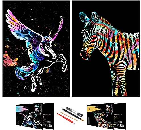 Scratch Painting Art Paper, Animal Series Scratchboard für Kinder & Erwachsene, Geschenke & Arts Craft Kits mit 4 Werkzeugen, Größe: 16 '' x 11 '' (Einhorn & Zebra)