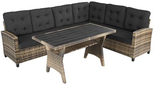 tectake® Conjunto Jardín de Ratán Combinable con Cojines 9 cm, Conjunto Terraza Resistente a la Intemperie, Muebles Jardín Exterior 2 Sofás, 1 Sofá Esquinero, 1 Mesa con Pies Ajustables - Natural
