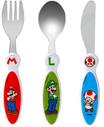 Super Mario - Set di posate per bambini, 3 pezzi, coltello, forchetta, cucchiaio